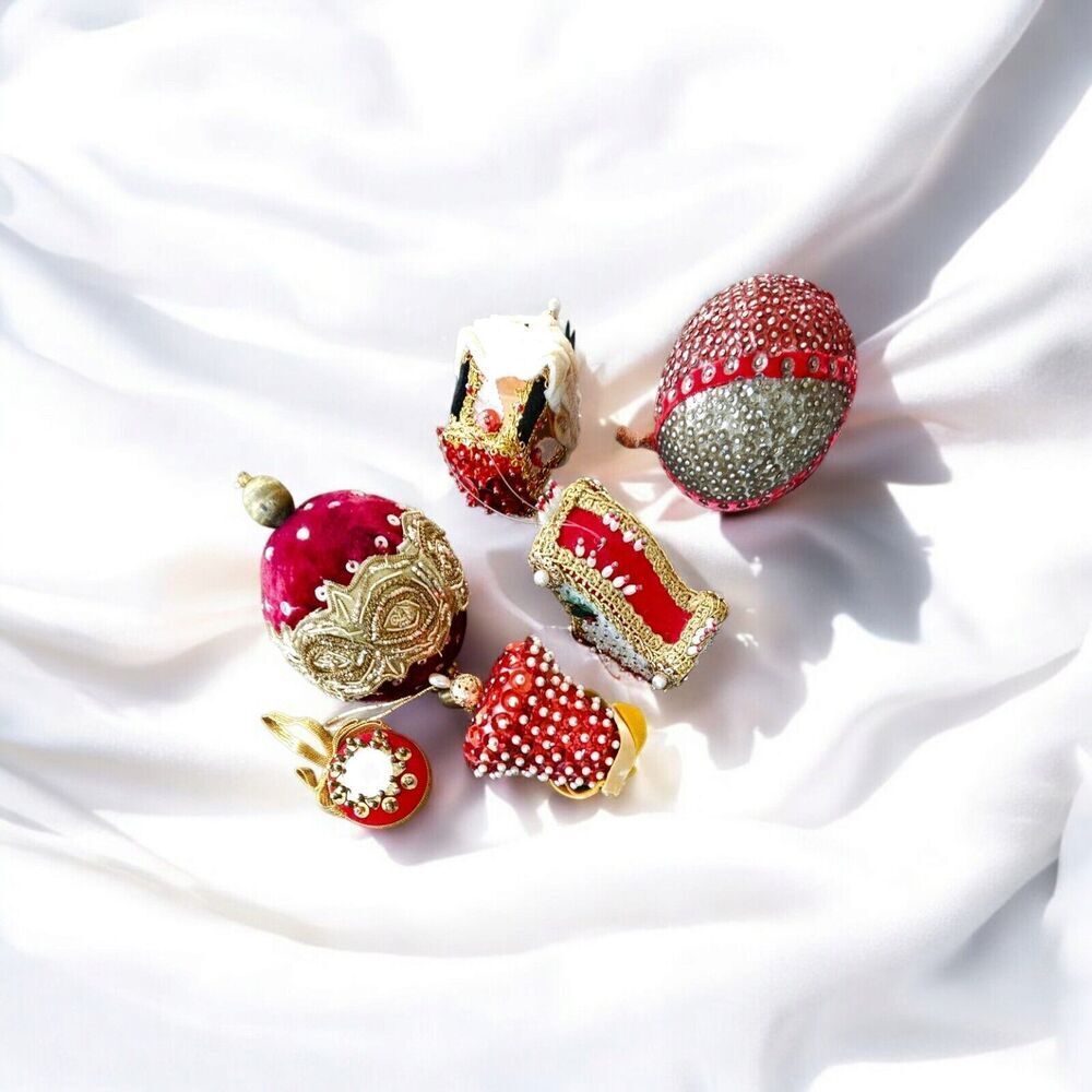 LOT OF 6 Vintage Handmade Red Push Pin Beaded Sequined Christmas Ornaments
